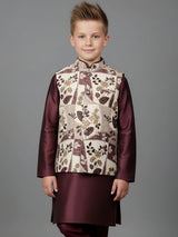 Wine floral printed silk blend waistcoat set