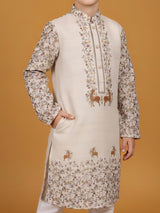 Beige printed kurta suit in cotton silk