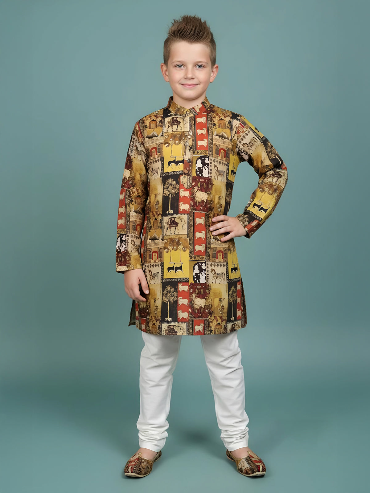 Multicolor printed cotton kurta churidar suit