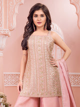 Peach silk embellished palazzo suit for wedding wear