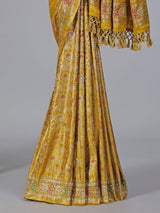 Mustard yellow festive saree in semi silk