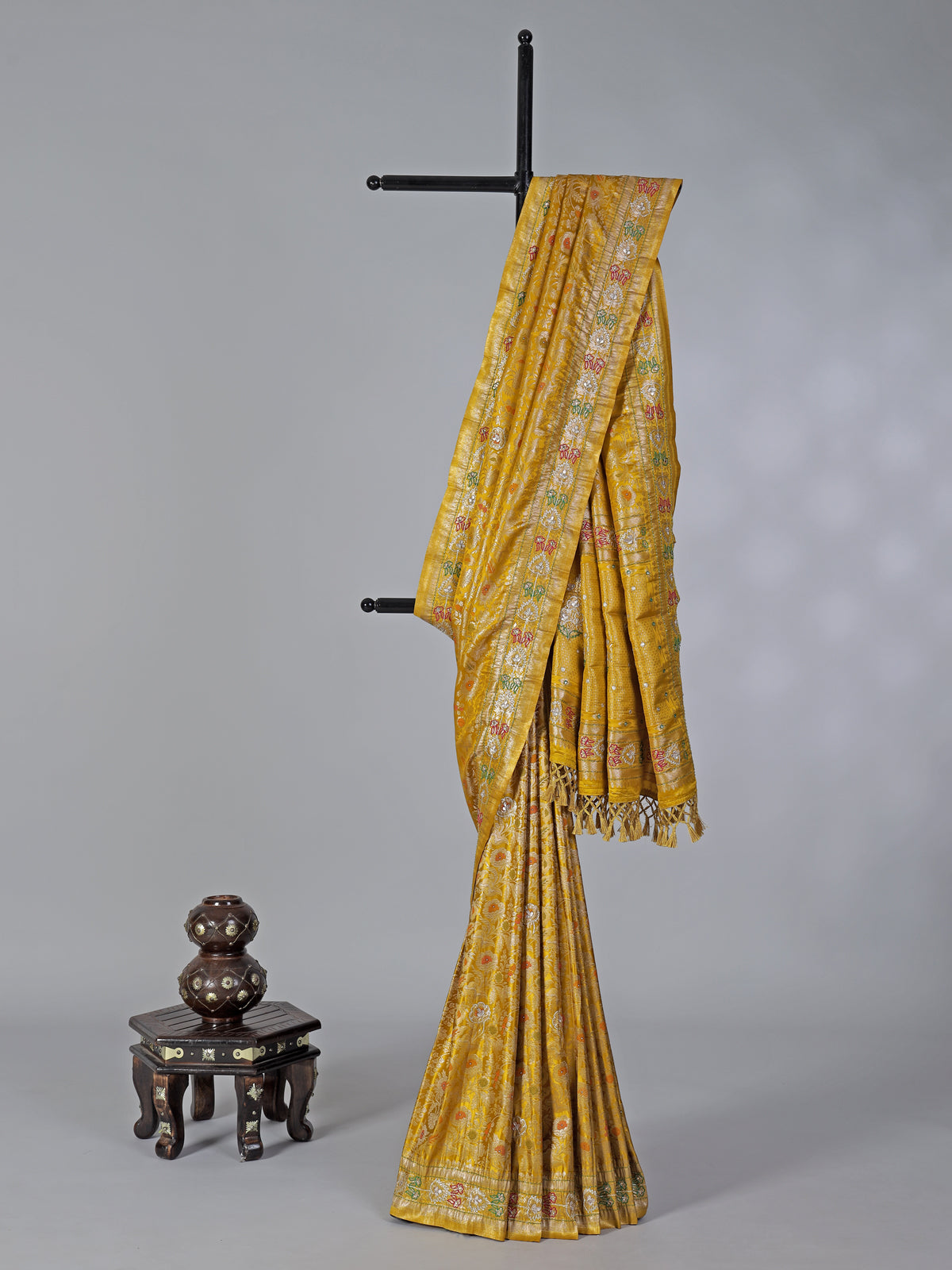 Mustard yellow festive saree in semi silk