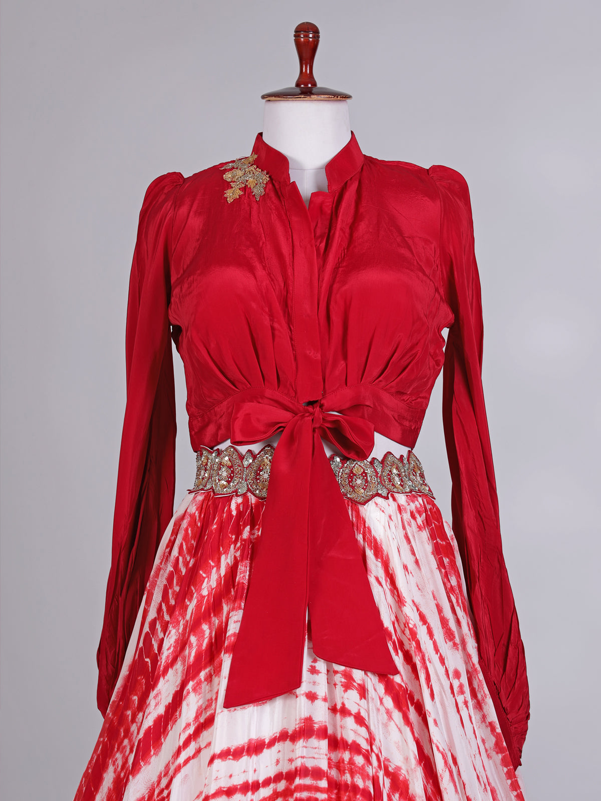 Red satin silk designer printed lehenga choli