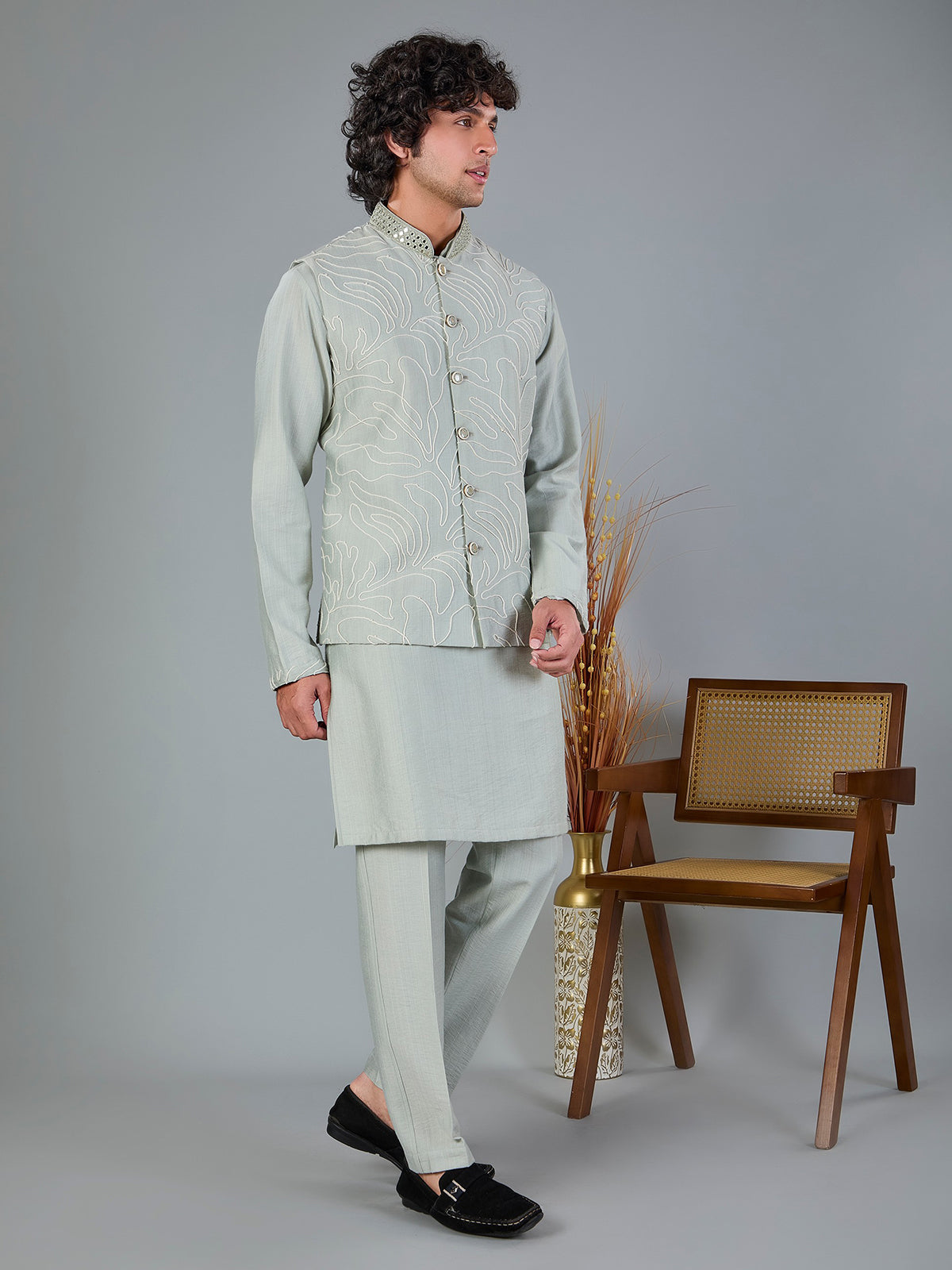 Light sage green silk waistcoat set