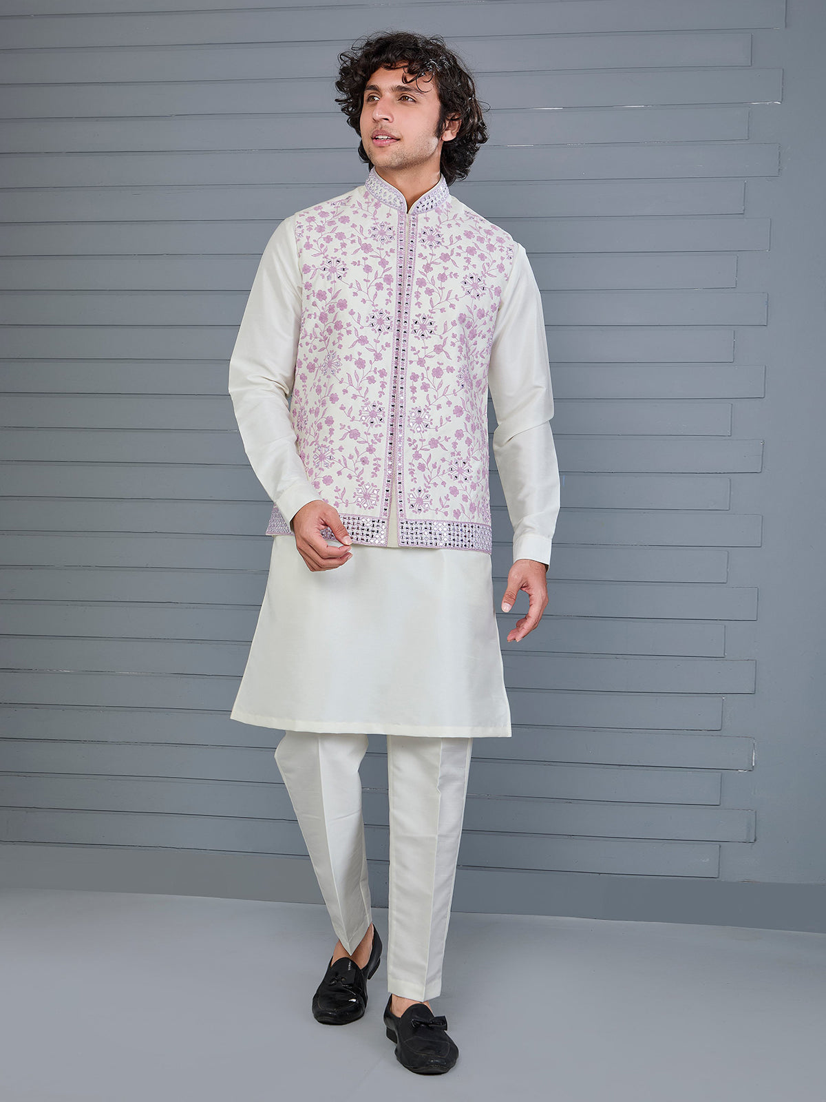 Pink off and white silk embroidered waistcoat set