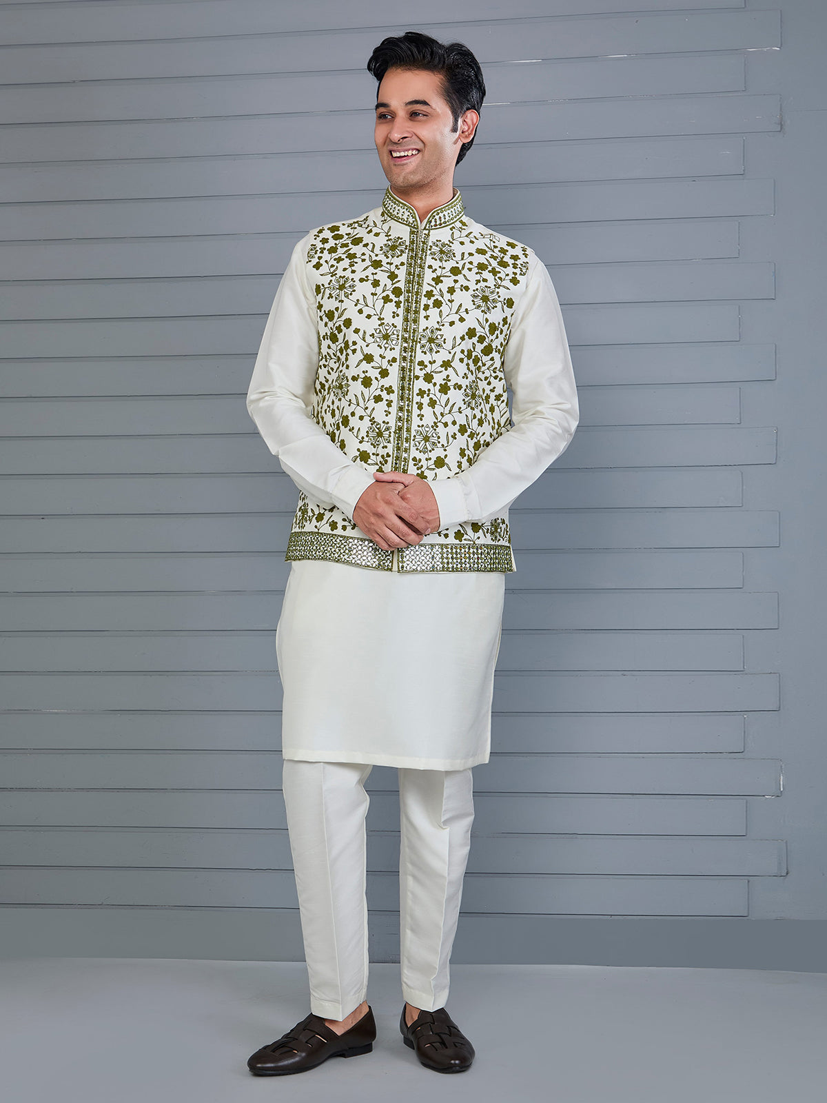 Mehendi green and off white silk waistcoat set