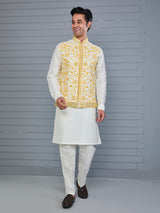Yellow and off white silk festive waistcoat set