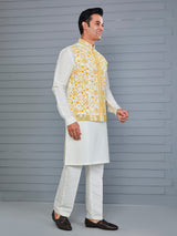Yellow and off white silk festive waistcoat set