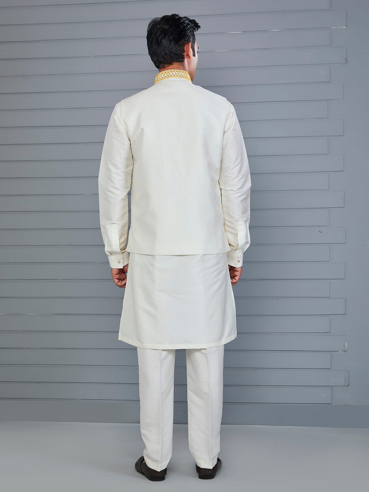 Yellow and off white silk festive waistcoat set