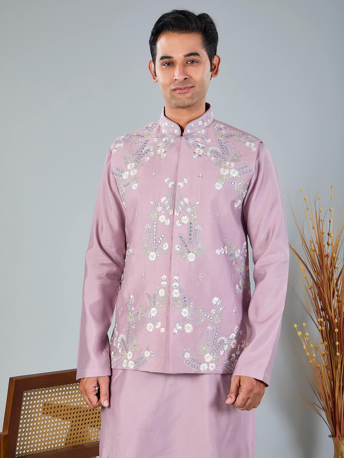 Onion pink silk embroidered work waistcoat set