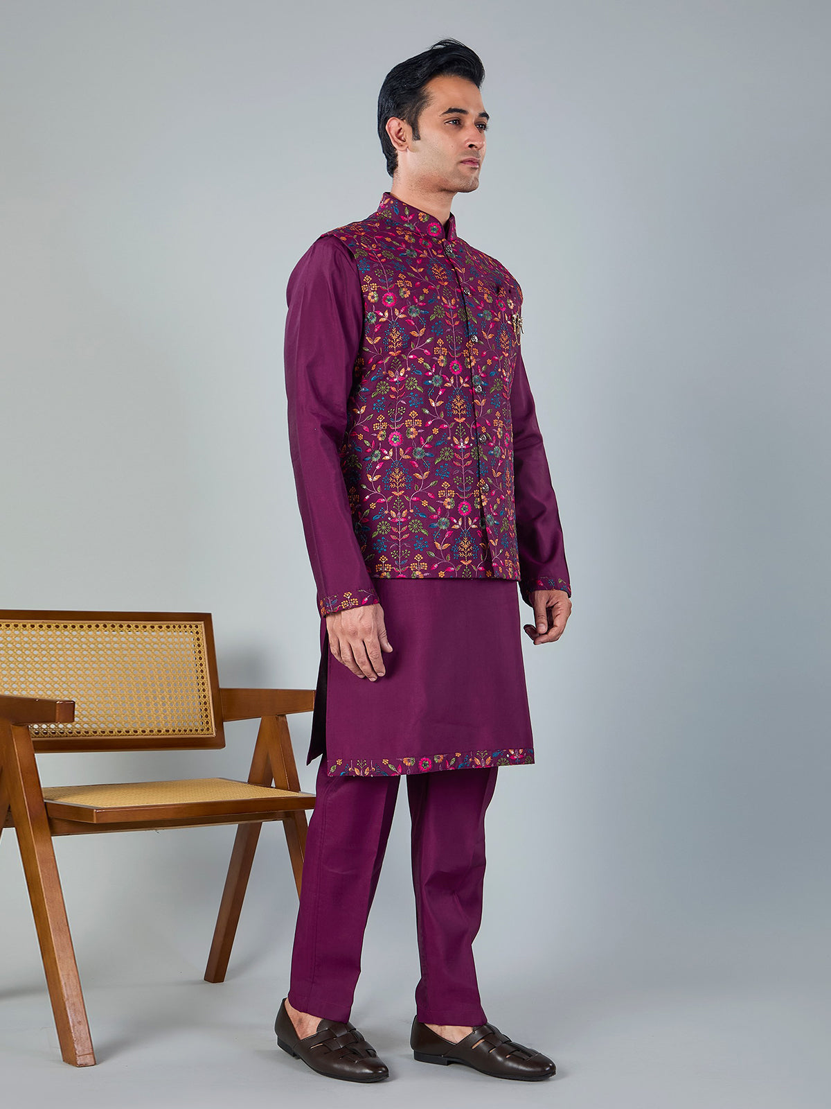Purple silk embroidered work festive waistcoat set