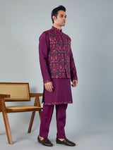 Purple silk embroidered work festive waistcoat set