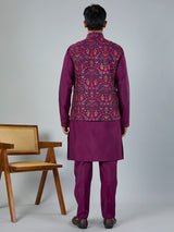 Purple silk embroidered work festive waistcoat set