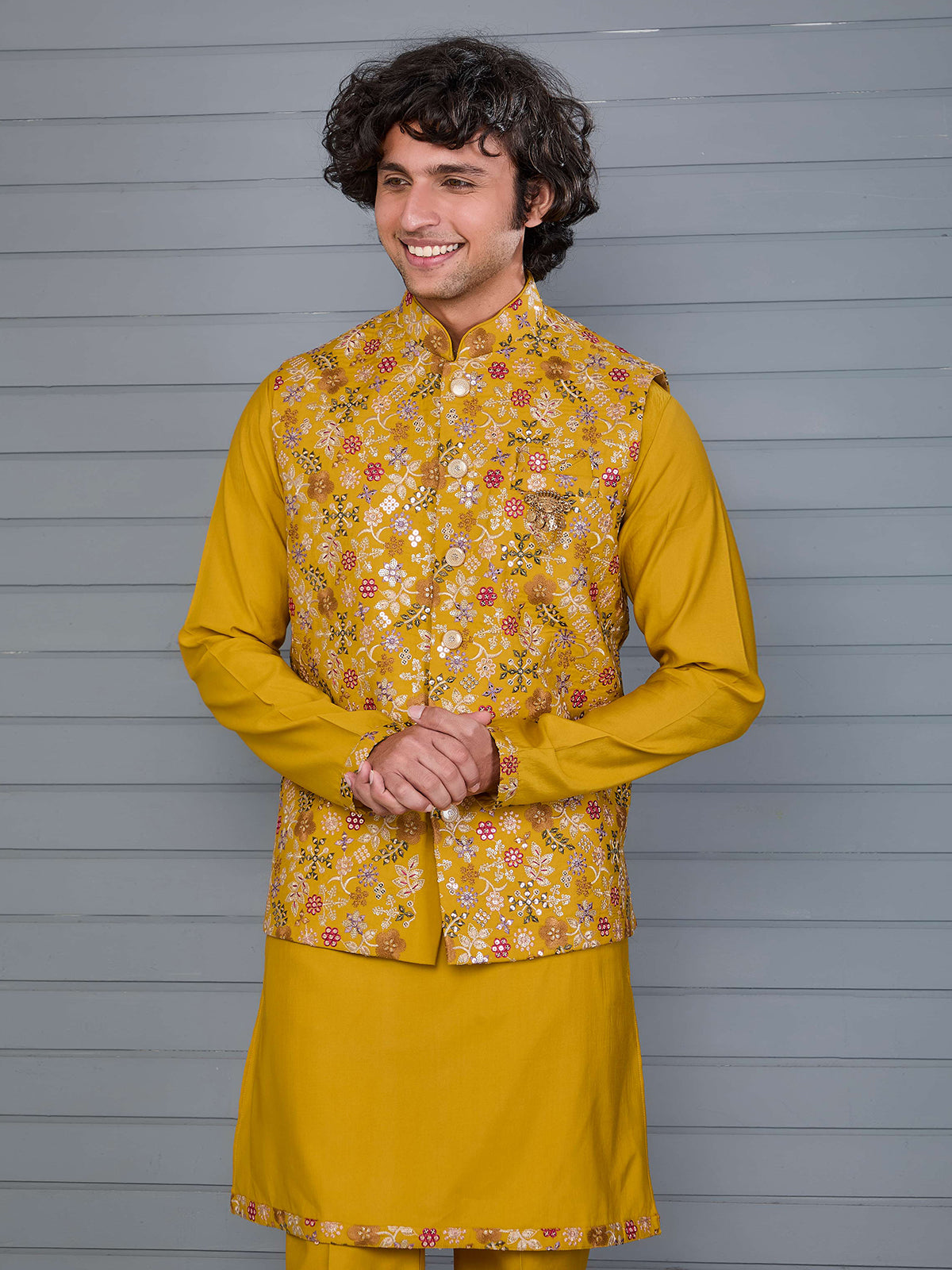 Mustard yellow silk festive waistcoat set