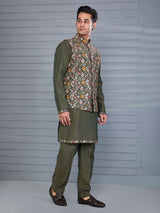 Mehendi green silk embroidered work waistcoat set