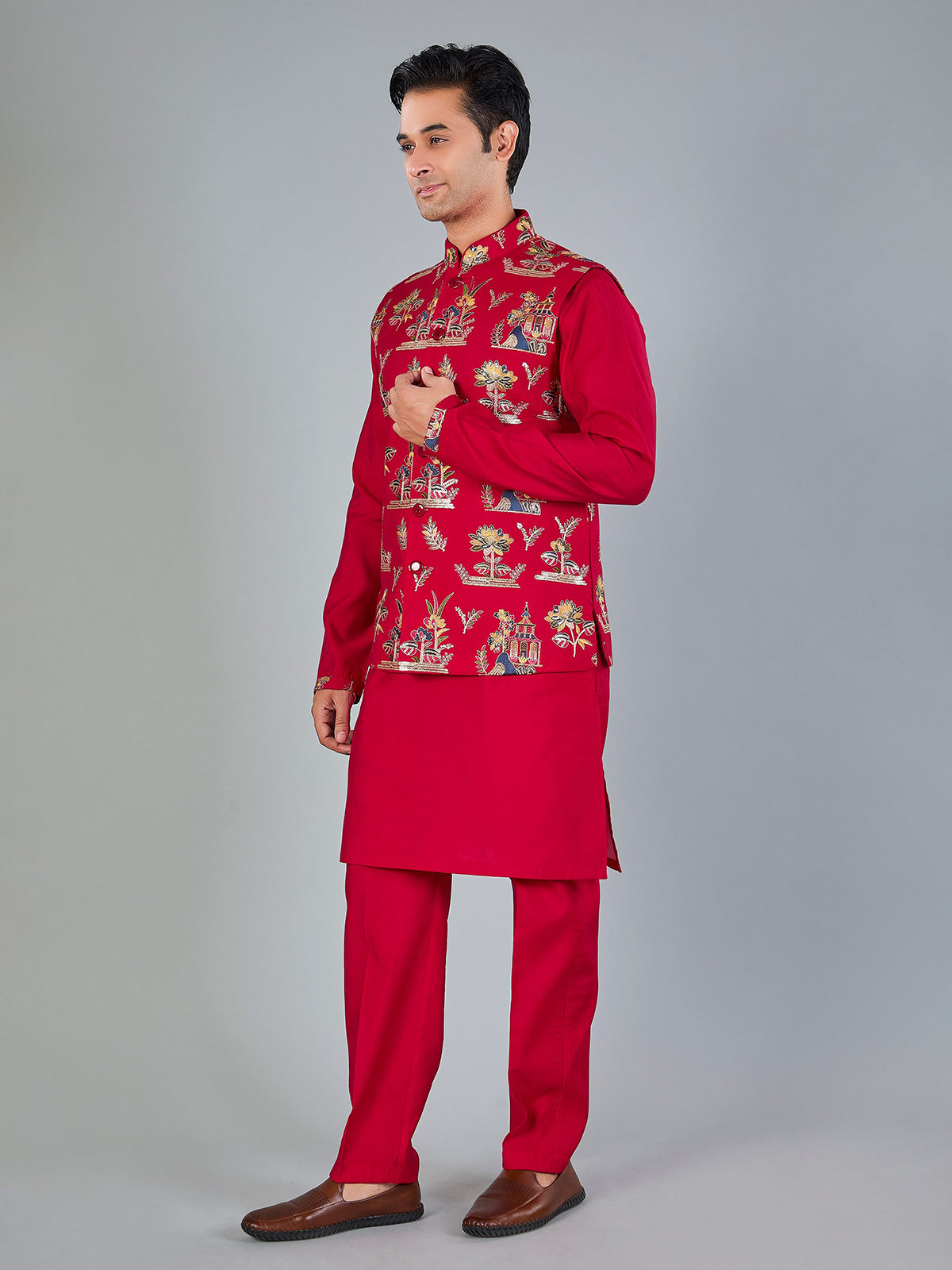 Magenta silk embroidered festive waistcoat set