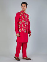 Magenta silk embroidered festive waistcoat set