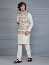 Cream silk embroidered work waistcoat set