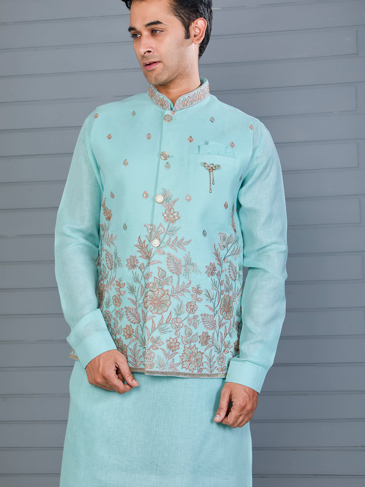Mint blue linen embroidered work waistcoat set