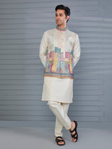 Cream silk thread work waistcoat set for wedding wear