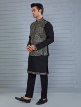 Black rayon cotton resham and sequin waistcoat set