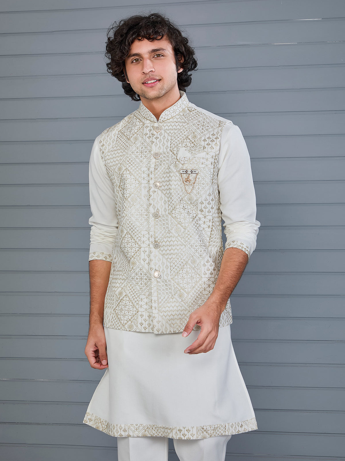White rayon cotton resham and sequin waistcoat set