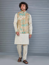 Beige printed viscose silk festive wear waistcoat set