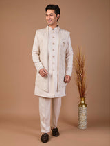 Beige malai silk embroidered indowestern set with jacket style