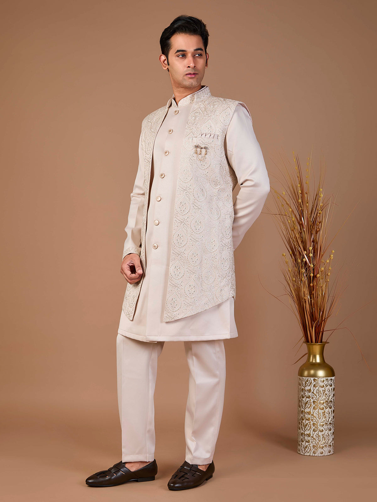 Beige malai silk embroidered indowestern set with jacket style
