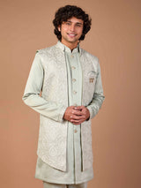 Pista green malai silk embroidered indowestern set ensemble