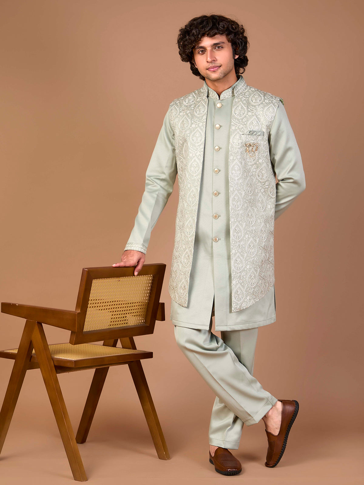 Pista green malai silk embroidered indowestern set ensemble
