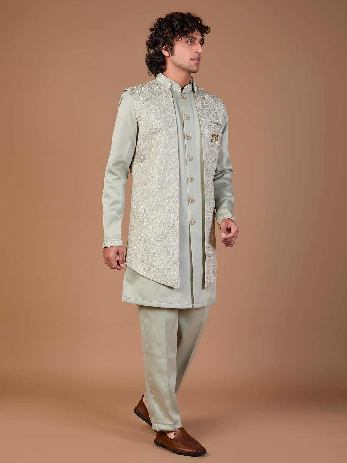 Pista green malai silk embroidered indowestern set ensemble