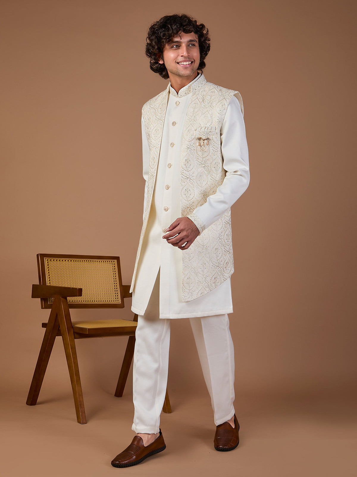 Cream malai silk jacket style embroidered indowestern set