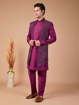 Purple silk embroidered indowestern set jacket ensemble