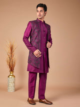Purple silk embroidered indowestern set jacket ensemble