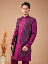 Purple silk embroidered indowestern set jacket ensemble