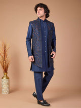 Navy silk embroidered jacket style indowestern set