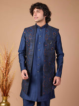 Navy silk embroidered jacket style indowestern set