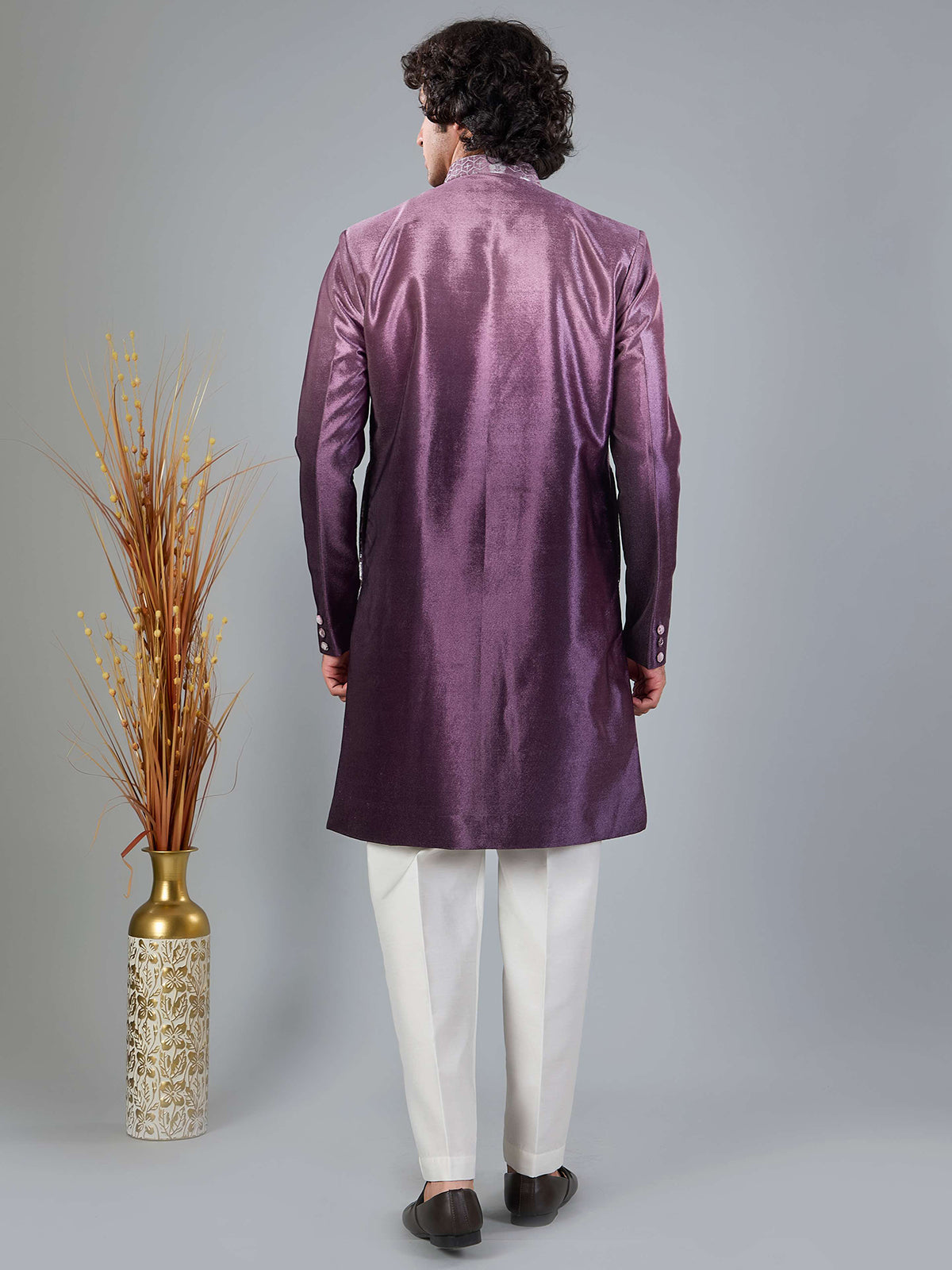 Pastel purple shaded velvet indowestern set