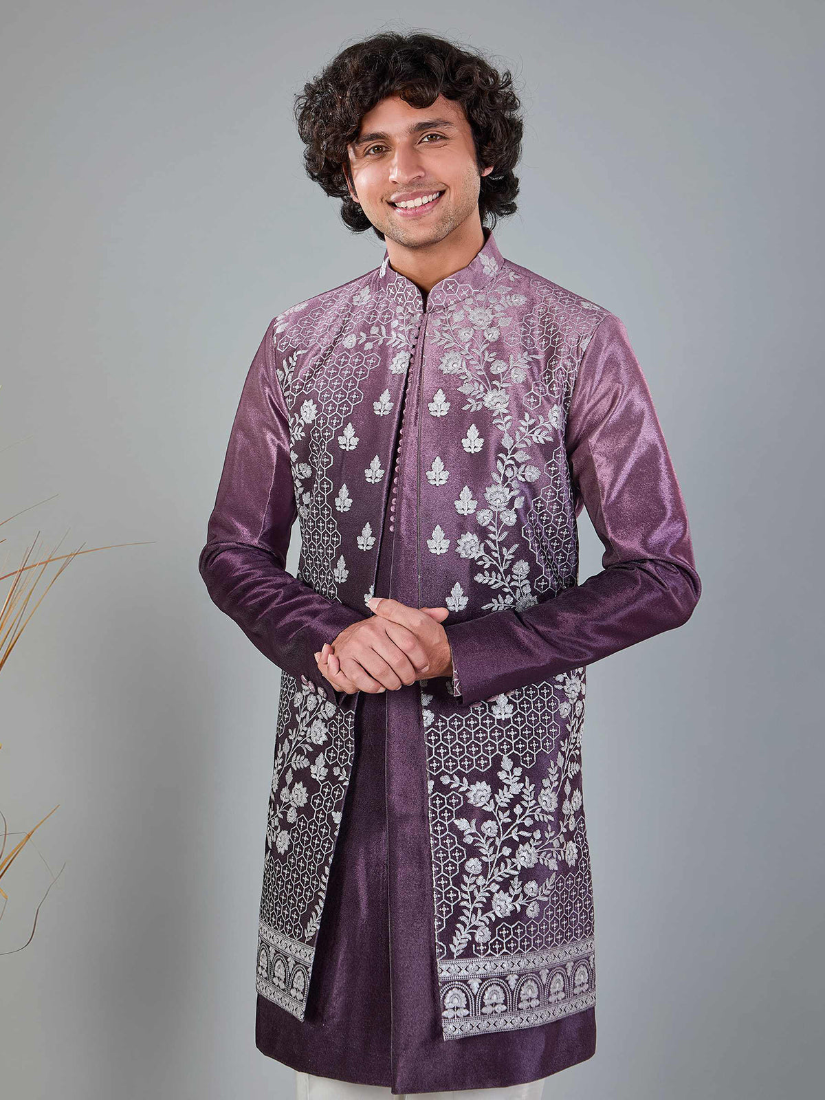 Pastel purple shaded velvet indowestern set