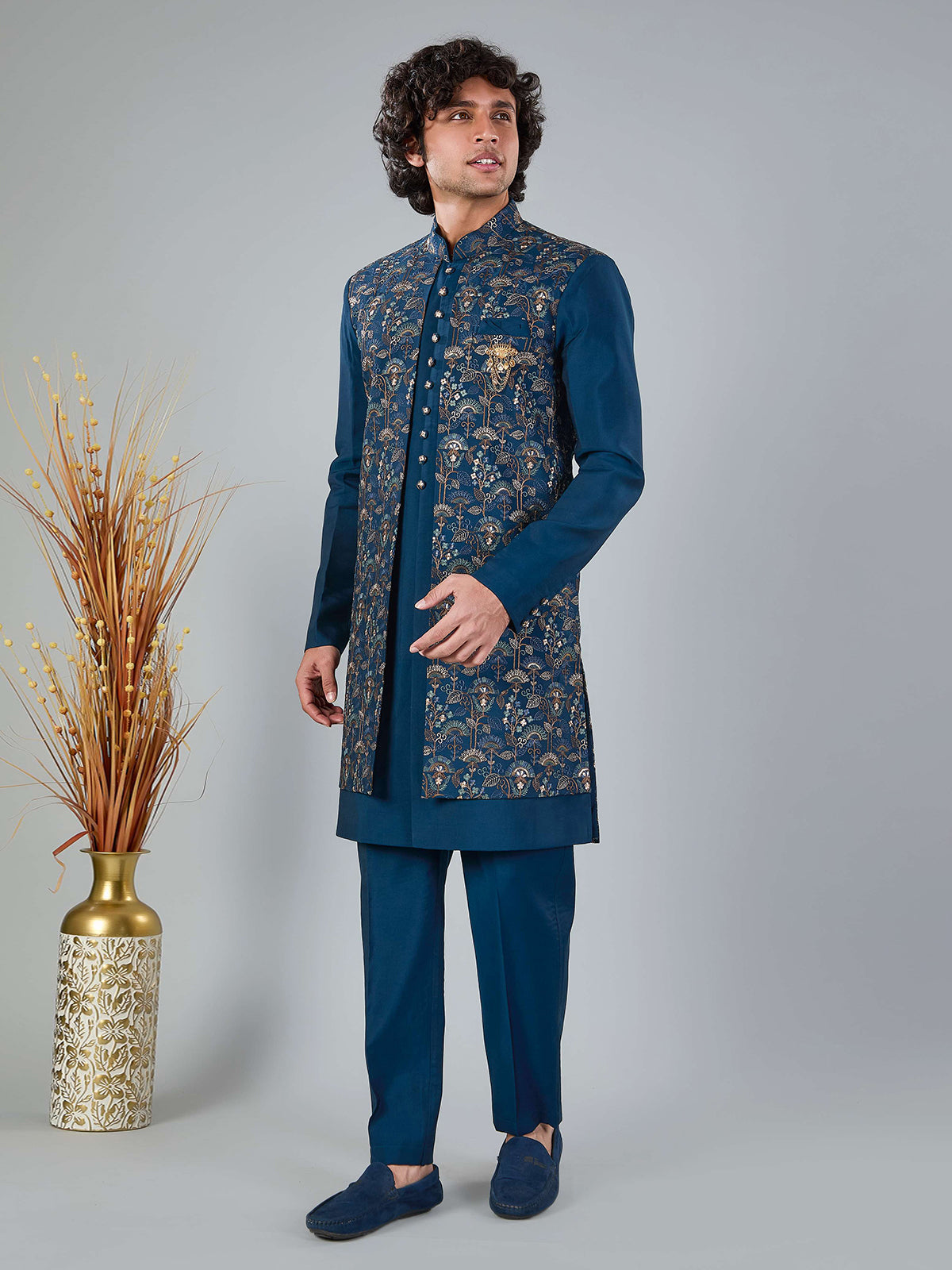 Rama blue silk indowestern set with brooch