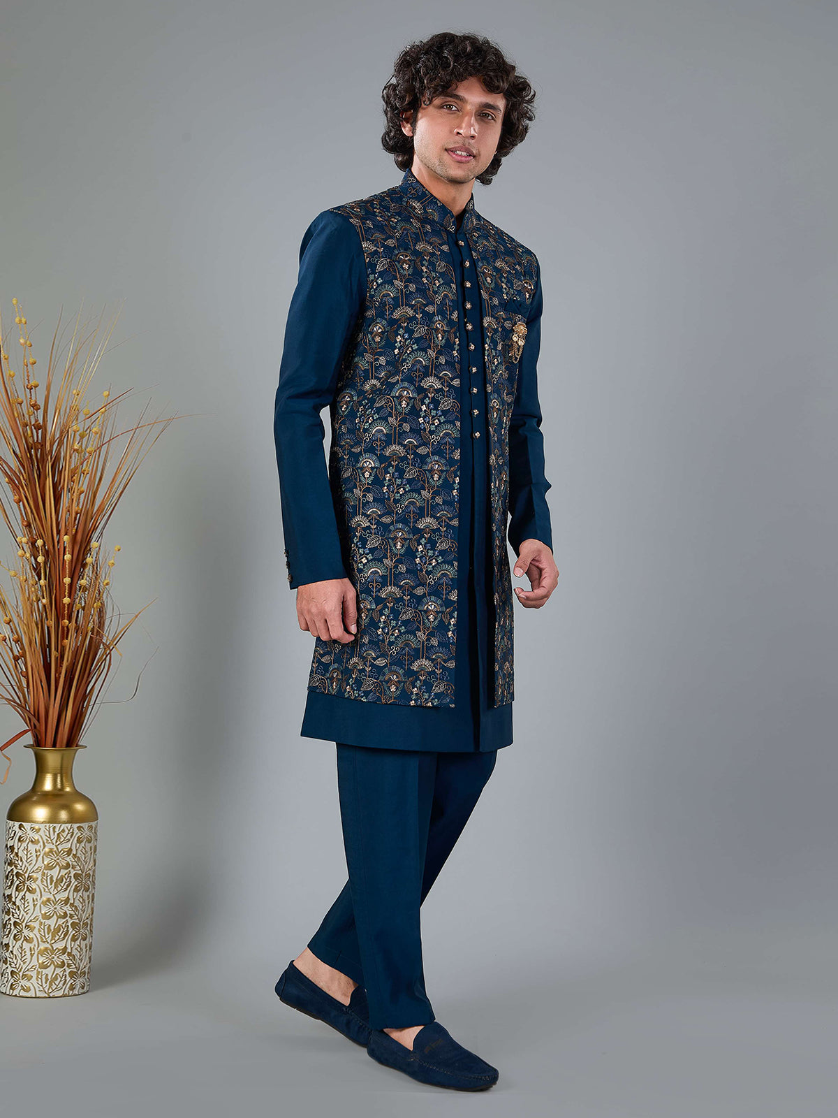 Rama blue silk indowestern set with brooch