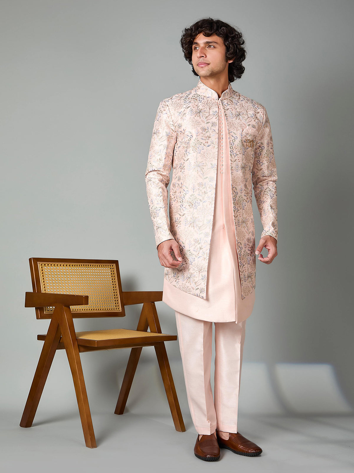 Light pink silk embroidered indowestern pant set