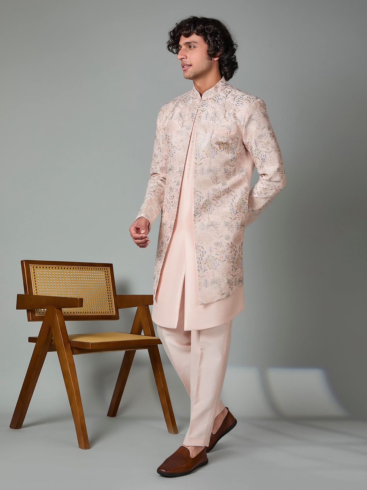 Light pink silk embroidered indowestern pant set