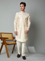 Cream silk indowestern set with embroidered brooch