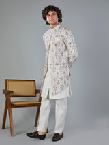 Off white silk embroidered indowestern jacket set