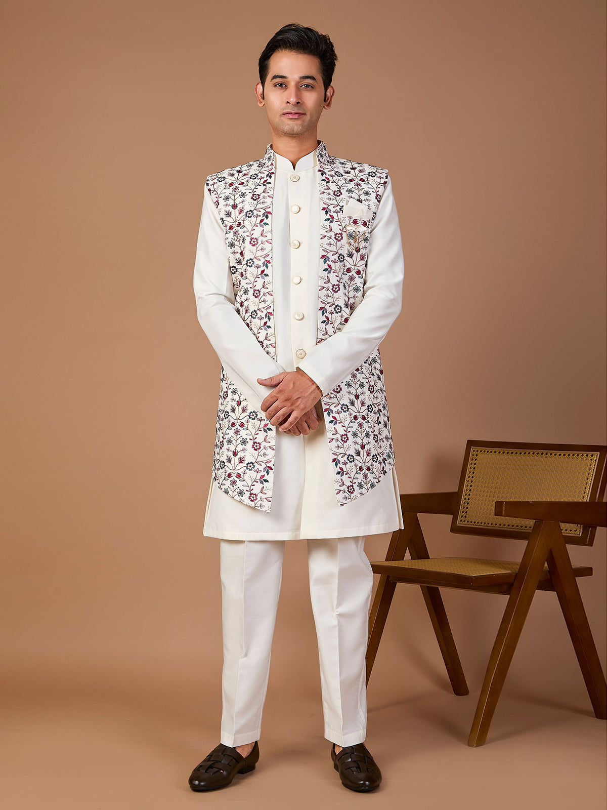 White silk embroidered indowestern set with brooch