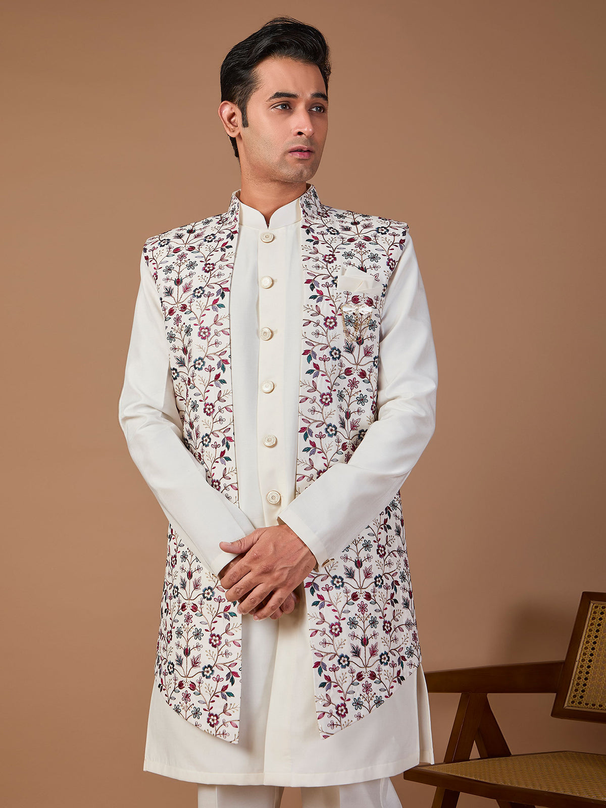 White silk embroidered indowestern set with brooch