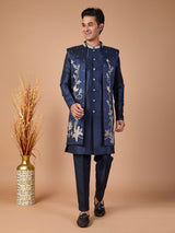 Navy silk embroidered jacket style indowestern set for men