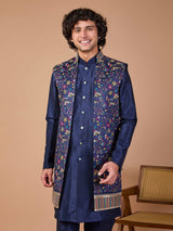 Navy silk jacket style embroidered indowestern set